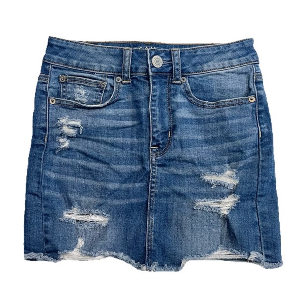 AMERICAN EAGLE OUTFITTERS — AE SUPER STRETCH MINI DENIM SKIRT, JEAN SKIRT, US 0
